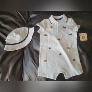 NEW Baby Blue Romper and Hat Set with Embroidered Vehicles